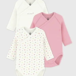 Petit Bateau – 3-pakning bodyer med kryssknepping – Rosa – Jente – 0-1 år
