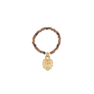Glass Bead Ring, Chocolate Brown Mix W/Lion Charm