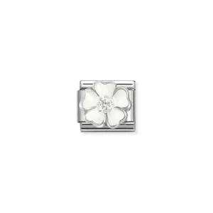 Nomination Symbol link med sølv, emalje og zirkonia, Hvit blomst