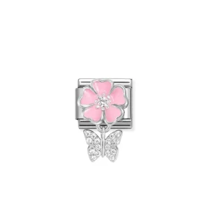 Nomination Charm link, Emaljert Rosa Blomst, Sommerfugl med zirkonia