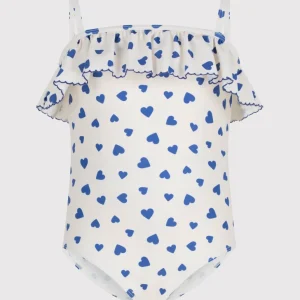 Petit Bateau – Badedrakt med hjertemønster og rysjekant – Hvit og blå – Jente – 4-10 år