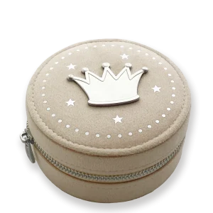 Smykkeskrin, Rund med Graverbar Krone, Beige velour